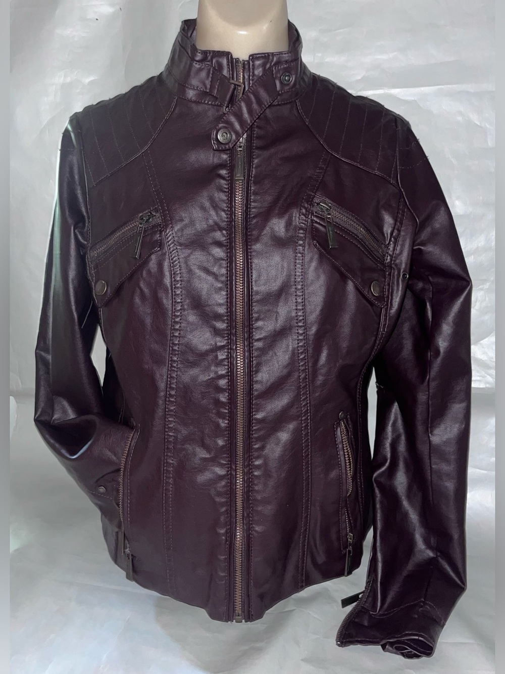 Jou jou Women's Faux Leather Moto Jacket - Deep Plum Burgundy wine maroon size M